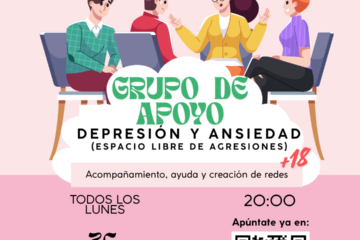 Cartel publicitario sobre grupo de apoyo a personas con depresión y ansiedad, precio 3 euros por sesión